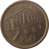 Spain coin 5 Pesetas - Juan Carlos I - Asturias (1995) reverse reverse of 5 Pesetas - Juan Carlos I - Asturias (1995) coin with KM# 946 from Spain. Inscription: 5 PTAS M ASTURIAS