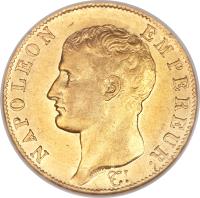 obverse of 40 Francs - Napoleon I (1806) coin with KM# 675 from France. Inscription: NAPOLEON EMPEREUR