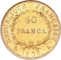 France coin 40 Francs - Napoleon I (1806) reverse reverse of 40 Francs - Napoleon I (1806) coin with KM# 675 from France. Inscription: RÉPUBLIQUE FRANÇAISE 40 FRANCS. 1806. A