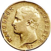 obverse of 20 Francs - Napoleon I (1806) coin with KM# 674 from France. Inscription: NAPOLEON EMPEREUR ·