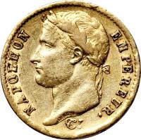 France coin 20 Francs - Napoleon I (1807 - 1808) obverse obverse of 20 Francs - Napoleon I (1807 - 1808) coin with KM# 687 from France. Inscription: NAPOLEON EMPEREUR.