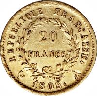 reverse of 20 Francs - Napoleon I (1807 - 1808) coin with KM# 687 from France. Inscription: RÉPUBLIQUE FRANÇAISE. 20 FRANCS. 1808. A