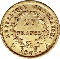 France coin 20 Francs - Napoleon I (1807 - 1808) reverse reverse of 20 Francs - Napoleon I (1807 - 1808) coin with KM# 687 from France. Inscription: RÉPUBLIQUE FRANÇAISE. 20 FRANCS. 1808. A