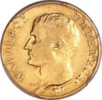 obverse of 20 Francs - Napoleon I (1804 - 1805) coin with KM# 663 from France. Inscription: NAPOLEON EMPEREUR.