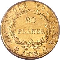 reverse of 20 Francs - Napoleon I (1804 - 1805) coin with KM# 663 from France. Inscription: RÉPUBLIQUE FRANÇAISE. . . AN 14. .A.