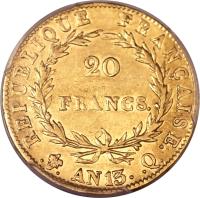 France coin 20 Francs - Napoleon I (1804 - 1805) reverse reverse of 20 Francs - Napoleon I (1804 - 1805) coin with KM# 663 from France. Inscription: RÉPUBLIQUE FRANÇAISE. . . AN 14. .A.