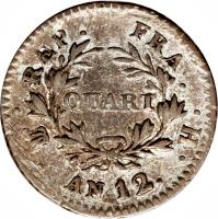 reverse of 1/4 Franc - Napoleon I (1803 - 1805) coin with KM# 654 from France. Inscription: REP. FRA. QUART . . AN 13. .A.