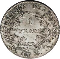 reverse of 1 Franc - Napoleon I (1803 - 1805) coin with KM# 656 from France. Inscription: RÉPUBLIQUE FRANÇAISE. 1 FRANC . . AN 13. .A.