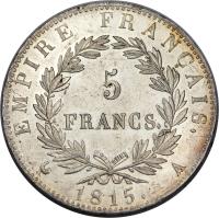 reverse of 5 Francs - Napoleon I - Hundred Days (1815) coin with KM# 704 from France. Inscription: EMPIRE FRANÇAIS. 5 FRANCS. 1815. I
