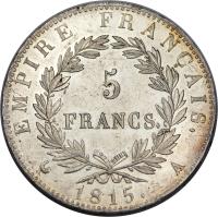 France coin 5 Francs - Napoleon I - Hundred Days (1815) reverse reverse of 5 Francs - Napoleon I - Hundred Days (1815) coin with KM# 704 from France. Inscription: EMPIRE FRANÇAIS. 5 FRANCS. 1815. I