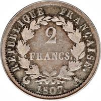 reverse of 2 Francs - Napoleon I (180 - 1808) coin with KM# 684 from France. Inscription: REPUBLIQUE FRANCAISE 2 FRANCS 1807
