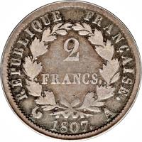 France coin 2 Francs - Napoleon I (180 - 1808) reverse reverse of 2 Francs - Napoleon I (180 - 1808) coin with KM# 684 from France. Inscription: REPUBLIQUE FRANCAISE 2 FRANCS 1807