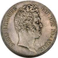 obverse of 5 Francs - Louis-Philippe - Without Tiolier (1830) coin with KM# 737 from France. Inscription: LOUIS PHILIPPE ROI DES FRANÇAIS.