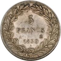 reverse of 5 Francs - Louis-Philippe - Without Tiolier (1830) coin with KM# 737 from France. Inscription: 5 FRANCS A 1830
