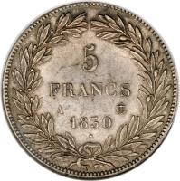 France coin 5 Francs - Louis-Philippe - Without Tiolier (1830) reverse reverse of 5 Francs - Louis-Philippe - Without Tiolier (1830) coin with KM# 737 from France. Inscription: 5 FRANCS A 1830