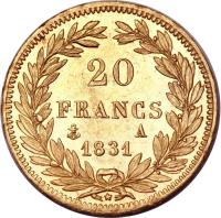reverse of 20 Francs - Louis-Philippe (1830 - 1831) coin with KM# 746 from France. Inscription: 20 FRANCS A 1831
