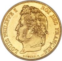 obverse of 20 Francs - Louis-Philippe (1832 - 1848) coin with KM# 750 from France. Inscription: LOUIS PHILIPPE I ROI DES FRANCAIS