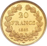 reverse of 20 Francs - Louis-Philippe (1832 - 1848) coin with KM# 750 from France. Inscription: 20 FRANCS 1840