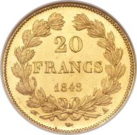 France coin 20 Francs - Louis-Philippe (1832 - 1848) reverse reverse of 20 Francs - Louis-Philippe (1832 - 1848) coin with KM# 750 from France. Inscription: 20 FRANCS 1840
