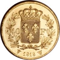 France coin 40 Francs - Louis XVIII (1816 - 1824) reverse reverse of 40 Francs - Louis XVIII (1816 - 1824) coin with KM# 713 from France. Inscription: 40 F 1818 W