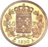 France coin 40 Francs - Charles X (1824 - 1830) reverse reverse of 40 Francs - Charles X (1824 - 1830) coin with KM# 721 from France. Inscription: 40 F 1830 A