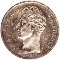 obverse of 1 Franc - Charles X (1825 - 1830) coin with KM# 724 from France. Inscription: CHARLES X ROI DE FRANCE.