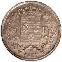 France coin 1 Franc - Charles X (1825 - 1830) reverse reverse of 1 Franc - Charles X (1825 - 1830) coin with KM# 724 from France. Inscription: 1 F 1819 A.