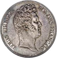 obverse of 5 Francs - Louis-Philippe (1830) coin with KM# 738 from France. Inscription: LOUIS-PHILIPPE ROI DES FRANÇAIS.