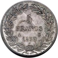 France coin 5 Francs - Louis-Philippe (1830) reverse reverse of 5 Francs - Louis-Philippe (1830) coin with KM# 738 from France. Inscription: 5 FRANCS A 1830