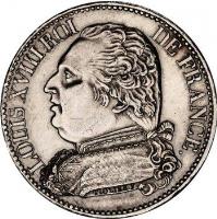 obverse of 5 Francs - Louis XVIII (1814 - 1815) coin with KM# 702 from France. Inscription: LOUIS XVIII ROI DE FRANCE. TIOLIER F.