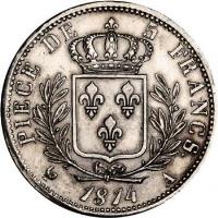 reverse of 5 Francs - Louis XVIII (1814 - 1815) coin with KM# 702 from France. Inscription: PIECE DE 5 FRANCS. 1814 A