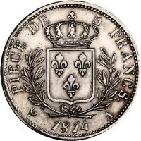 France coin 5 Francs - Louis XVIII (1814 - 1815) reverse reverse of 5 Francs - Louis XVIII (1814 - 1815) coin with KM# 702 from France. Inscription: PIECE DE 5 FRANCS. 1814 A