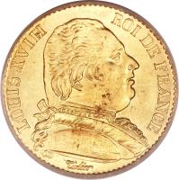 obverse of 20 Francs - Louis XVIII (1814 - 1815) coin with KM# 706 from France. Inscription: LOUIS XVIII ROI DE FRANCE