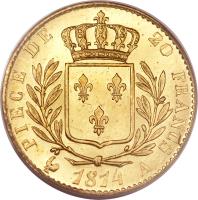 reverse of 20 Francs - Louis XVIII (1814 - 1815) coin with KM# 706 from France. Inscription: PIECE DE 20 FRANCS 1814 A