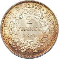 France coin 2 Francs (1849 - 1851) reverse reverse of 2 Francs (1849 - 1851) coin with KM# 760 from France. Inscription: LIBERTE · EGALITE · FRATERNITE · 2 FRANCS 1851 A