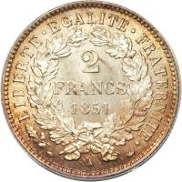 reverse of 2 Francs (1849 - 1851) coin with KM# 760 from France. Inscription: LIBERTE · EGALITE · FRATERNITE · 2 FRANCS 1851 A