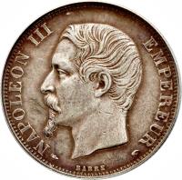 obverse of 2 Francs - Napoleon III (1853 - 1859) coin with KM# 780 from France. Inscription: NAPOLEON III EMPEREUR