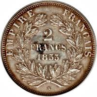 reverse of 2 Francs - Napoleon III (1853 - 1859) coin with KM# 780 from France. Inscription: EMPIRE FRANÇAIS 2 FRANCS 1857 A