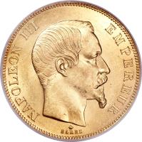 obverse of 50 Francs - Napoleon III (1855 - 1860) coin with KM# 785 from France. Inscription: NAPOLEON III EMPEREUR