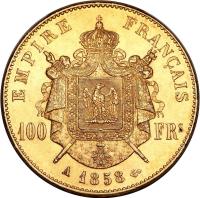 reverse of 100 Francs - Napoleon III (1855 - 1859) coin with KM# 786 from France. Inscription: EMPIRE FRANÇAIS 100 FRs A 1858