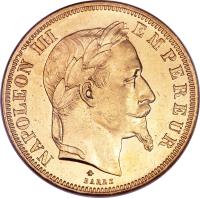 France coin 50 Francs - Napoleon III (1862 - 1868) obverse obverse of 50 Francs - Napoleon III (1862 - 1868) coin with KM# 804 from France. Inscription: NAPOLEON III EMPEREUR