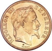 obverse of 50 Francs - Napoleon III (1862 - 1868) coin with KM# 804 from France. Inscription: NAPOLEON III EMPEREUR