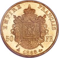 reverse of 50 Francs - Napoleon III (1862 - 1868) coin with KM# 804 from France. Inscription: EMPIRE FRANCAIS 50 FR A 1866