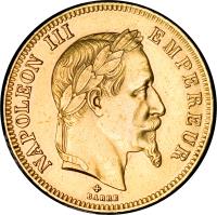 obverse of 100 Francs - Napoleon III (1862 - 1870) coin with KM# 802 from France. Inscription: NAPOLEON III EMPEREUR