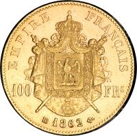 reverse of 100 Francs - Napoleon III (1862 - 1870) coin with KM# 802 from France. Inscription: EMPIRE FRANÇAIS 100 FRs 1863BB