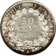 France coin 50 Centimes - Napoleon III (1852) reverse reverse of 50 Centimes - Napoleon III (1852) coin with KM# 793 from France. Inscription: REPUBLIQUE FRANÇAISE 50 CENT. 1852 A.