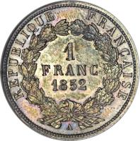 reverse of 1 Franc - Napoleon III (1852) coin with KM# 772 from France. Inscription: REPUBLIQUE FRANÇAISE 1 FRANC 1852 A