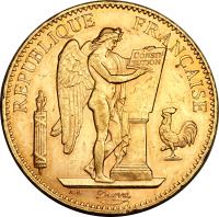 obverse of 100 Francs (1878 - 1906) coin with KM# 832 from France. Inscription: RÉPUBLIQUE FRANÇAISE