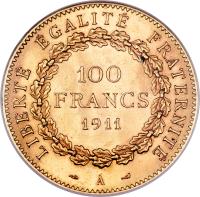 reverse of 100 Francs (1907 - 1914) coin with KM# 858 from France. Inscription: LIBERTÉ ÉGALITÉ FRATERNITÉ 100 FRANCS 1911 A
