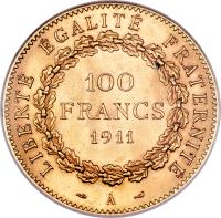 France coin 100 Francs (1907 - 1914) reverse reverse of 100 Francs (1907 - 1914) coin with KM# 858 from France. Inscription: LIBERTÉ ÉGALITÉ FRATERNITÉ 100 FRANCS 1911 A
